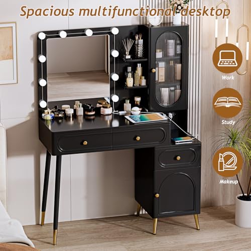 Vanity Desk with Mirror and Lights, with Power Outlet and 10 Lights Modern Capacity Makeup Vanity with 3 Drawers, Makeup Table for Bedroom