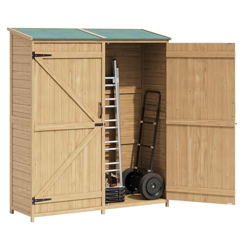 Outdoor Storage Shed with Waterproof Asphalt Roof 2 Removable Adjustable Shelfs and Double Lockable Doors Garden Tool Storage Cabinet with Side Shelf