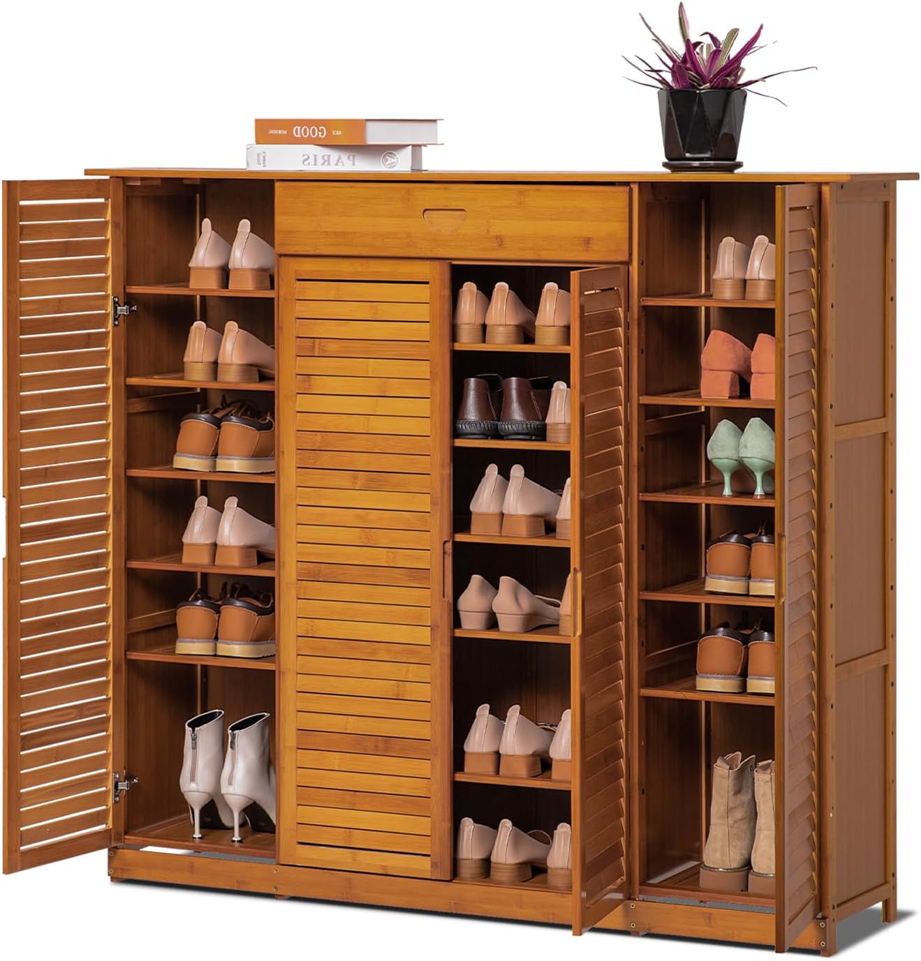 Magshion Bamboo 7-Tier Shoe Organizer with Drawer, Blind Door, Boots & Heels Holder