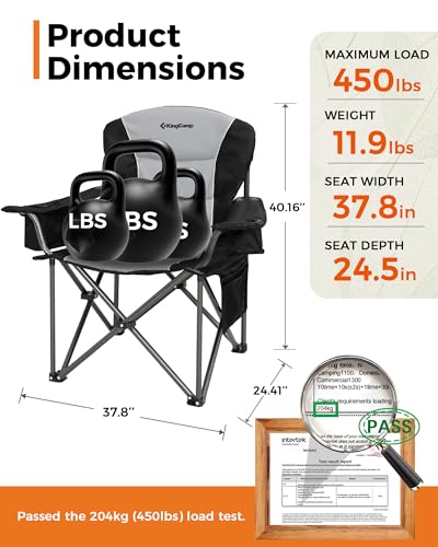 KingCamp Oversized Camping Folding Chair, Heavy Duty 450 LBS with Lumbar Support, Padded Outdoor Chair with Cup Holder