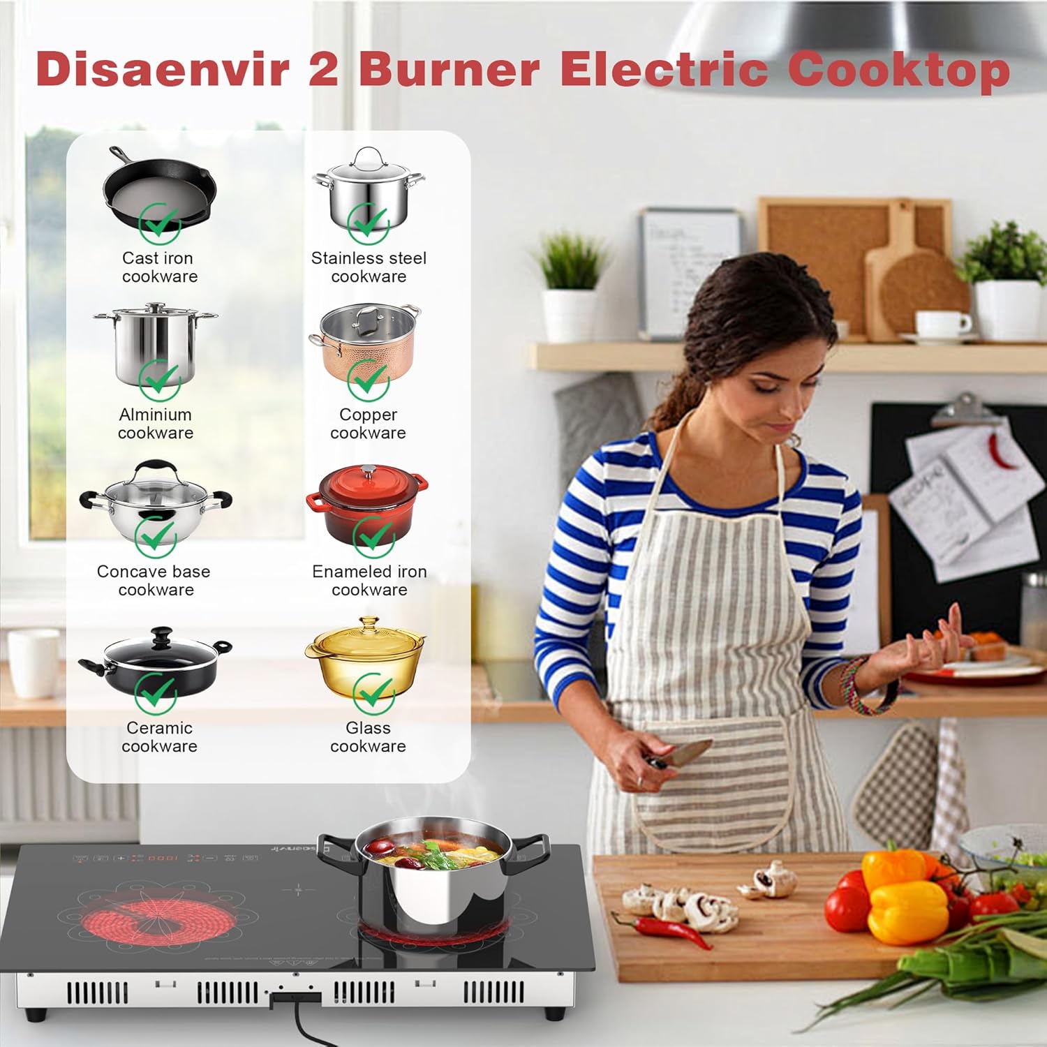 2 Burner Electric Cooktop - 24 Inch Elecric Stovetop Built-in and Countertop, Portable Double Burner Ceramic Cook Top with Child Lock, Timer