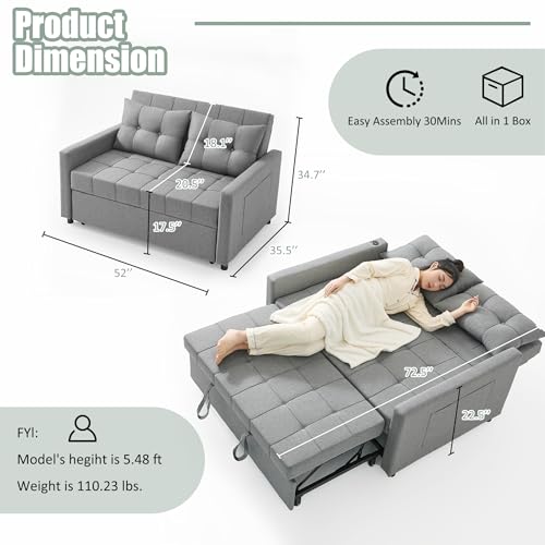 52" Sleeper Sofa with Pull-Out Bed, 3-in-1 Convertible Sofa Bed, Loveseat with Stepless Adjustable Backrest and Side Pocket