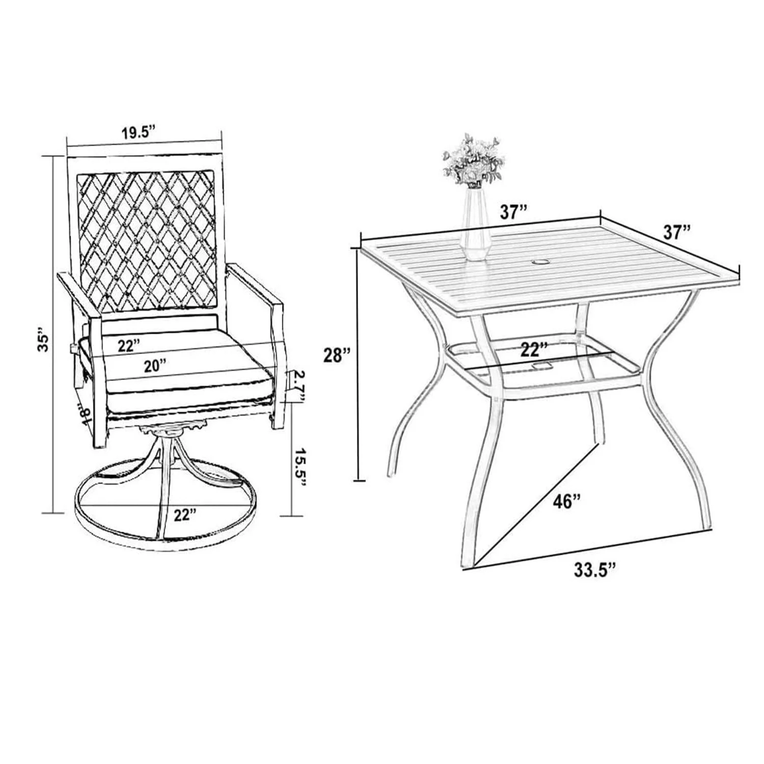 MF Studio 5-Piece Patio Dining Set Outdoor Metal Furniture with 4 Swivel Padded Chairs& 37" Square Table, Beige Cushion