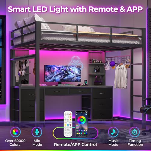 ADORNEVE Full Size Loft Bed with Desk and 8 Storage Drawers, Metal Loft Beds Full with LED Lights & Charging Sation