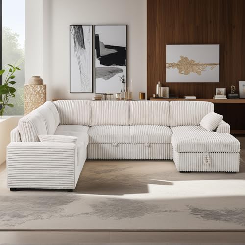 L-Shaped Pull Out Sleep Sofabed,Modern Reversible Sleeper Sectional Sofa Chenille Upholstered Button Tufted Decor with Storage Chaise
