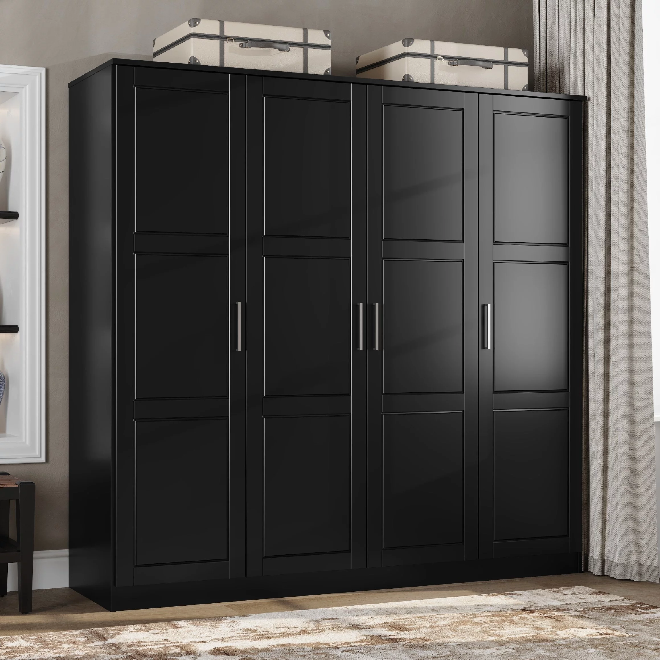 Palace Imports, Inc. 100% Solid Wood Cosmo 4-Door Wardrobe with Solid Wood or Mirrored Doors Black