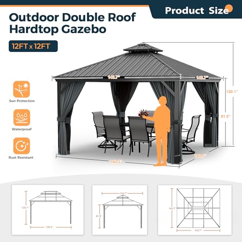 HAPPATIO 10' x 12' Hardtop Gazebo with Netting and Curtains, Double Roof Permanent Patio Metal Gazebo Canopy for Patio, Deck, Backyard （Gray）