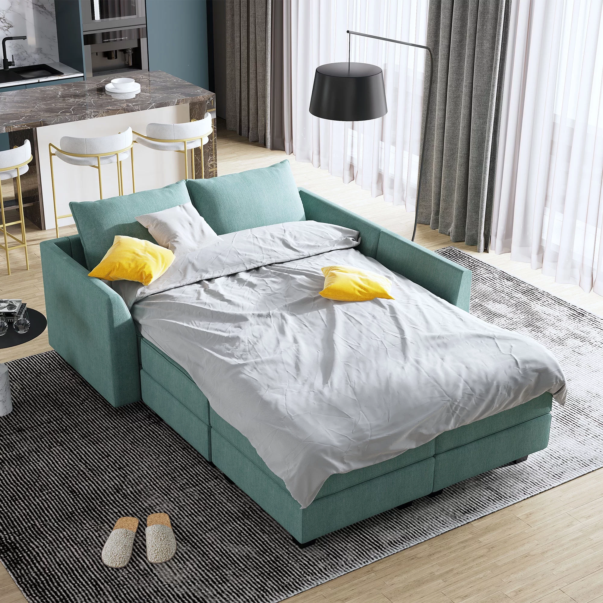 HONBAY Modern Convertible 6 Pieces Fabric Sleeper Sectional Couch Sofa Bed with Storage Ottomans, Aqua Blue - Curated Treasures Market
