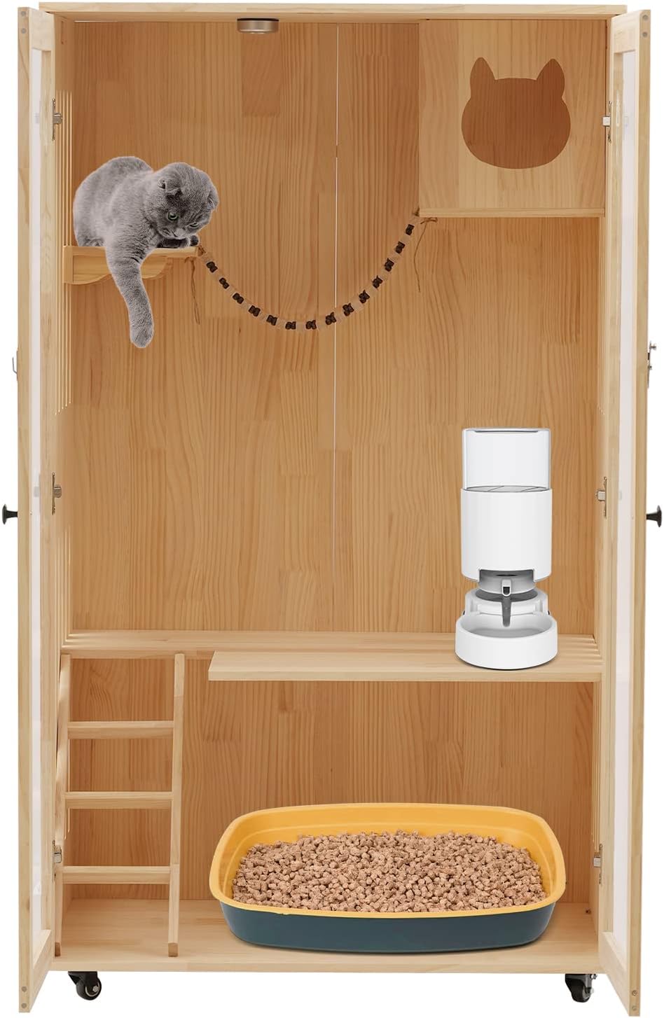 Wooden Cat Cages & Playpens | Indoor/Outdoor Large Catio Enclosure Crate for Multiple Cats | Outdoor Cat House with LED Light & 4 Universal Wheels
