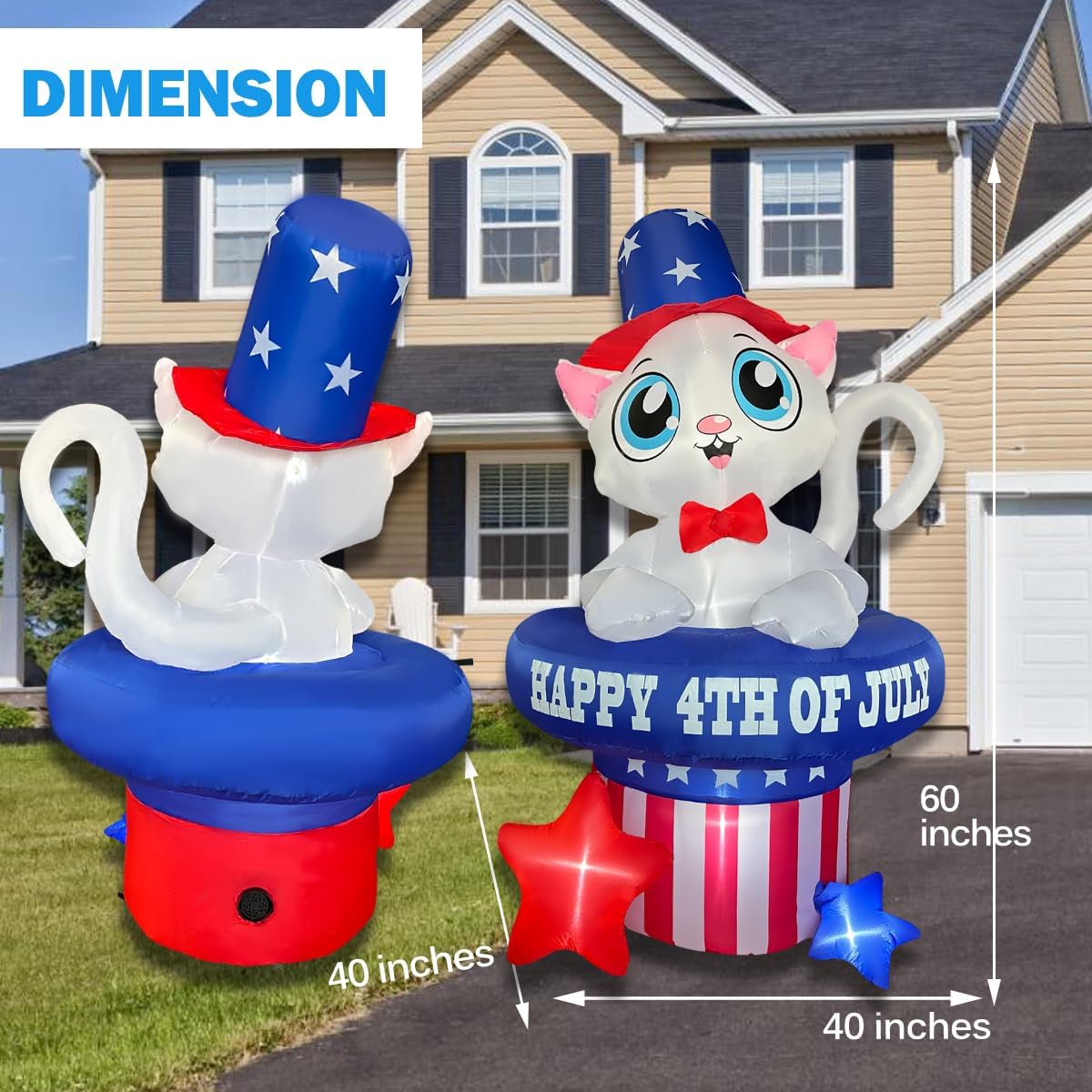 5 FT Patriotic Inflatable Cat 4th of July Inflatables Outdoor Decorations Build-in LED Lights Memorial Day Inflatables Fourth of July Decor for Party