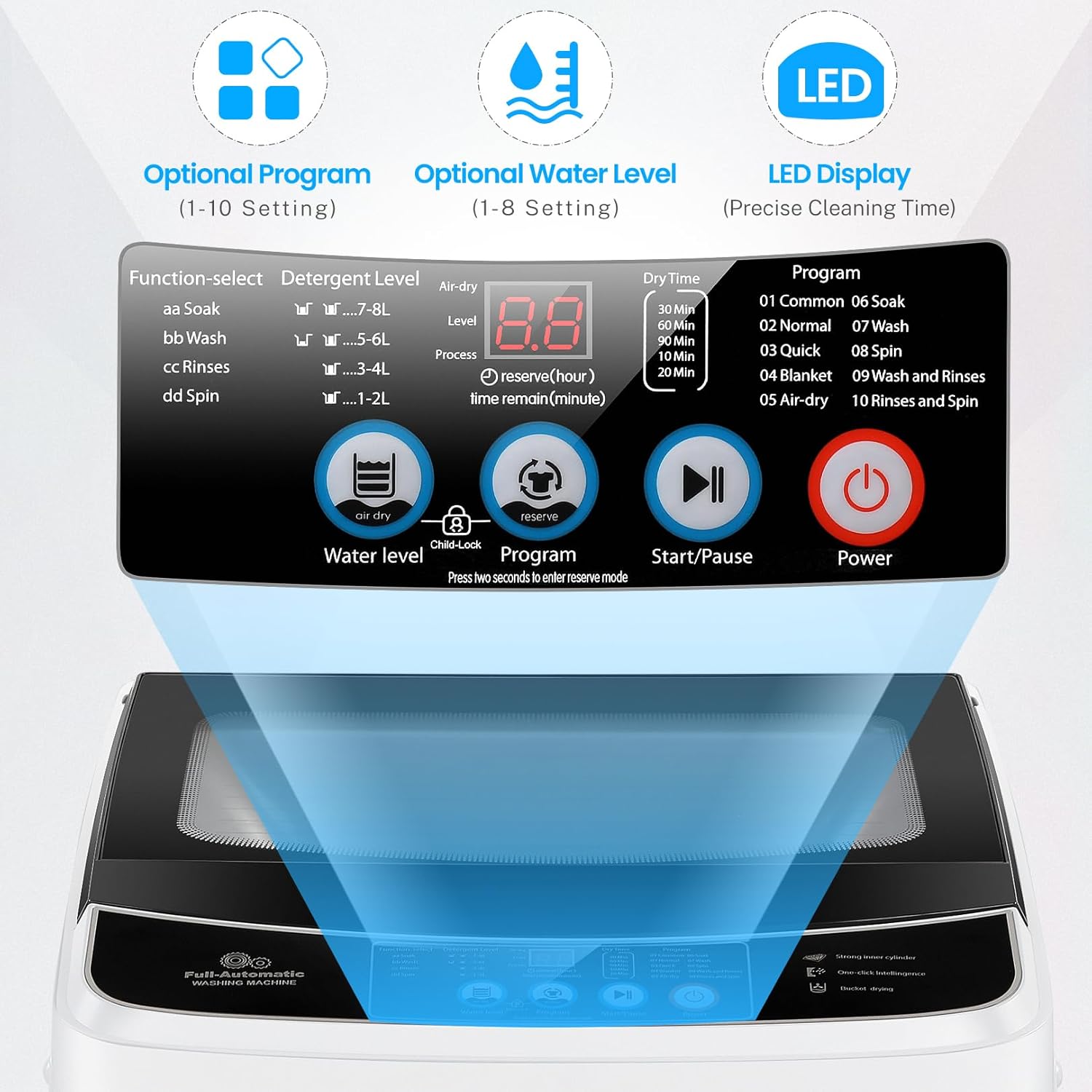 Nictemaw Portable Washing Machine 17.8 Lbs Capacity Portable Washer with Drain Pump, 2.4 Cu.ft Compact Laundry Washer with Glass Top Lid