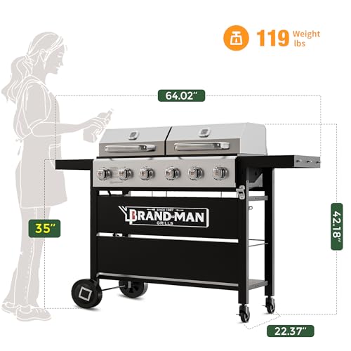 Brand-Man Griddle Grill Combo 6-Burner, 2 in 1 Versatile Propane Gas Grill and Griddle with Double Stainless Steel Lids