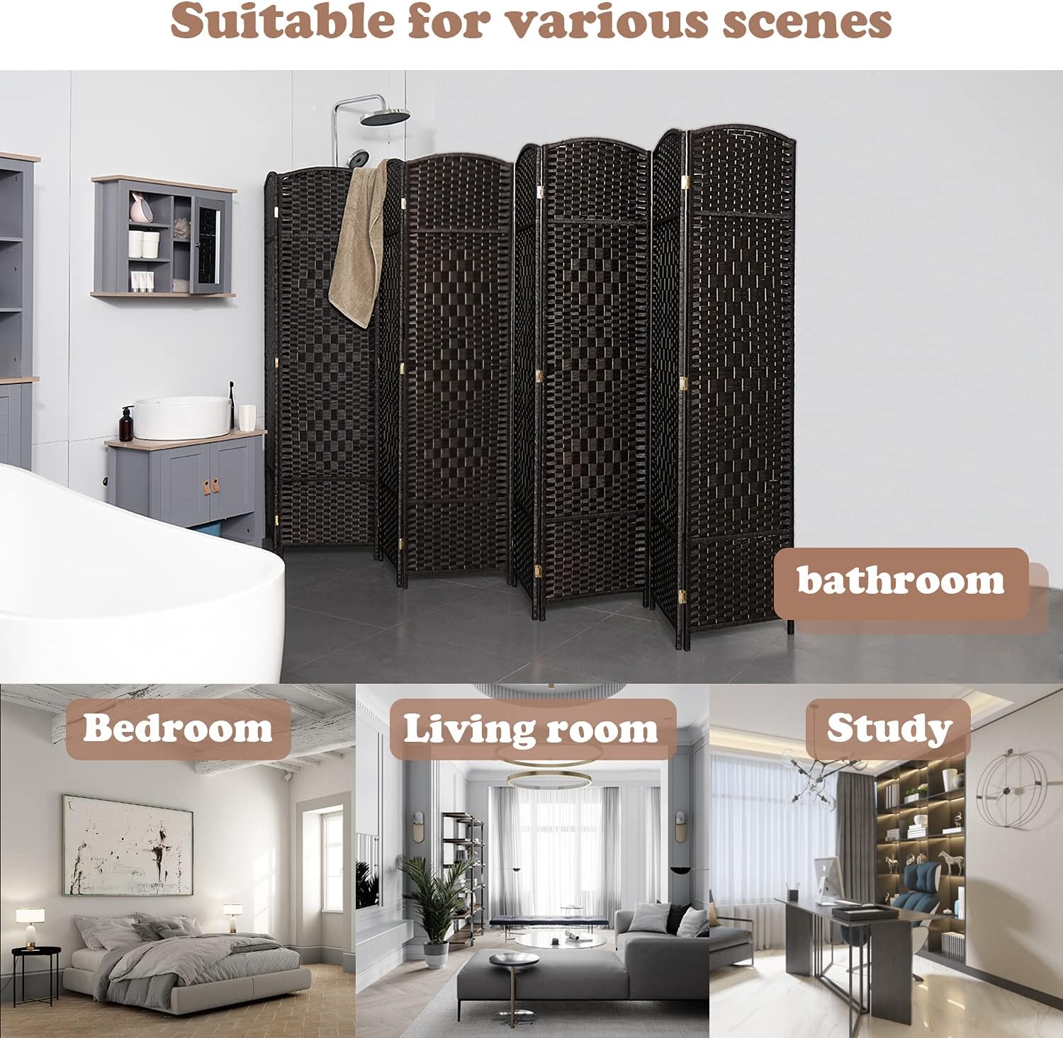 Excited Wrok Room dividers 6 ft. Tall Folding Privacy Screen Tall Extra Wide Partition Foldable Panel Wall Divider (Coffee, 8-Panel)