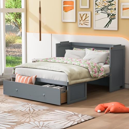 Harper & Bright Designs Queen Size Murphy Bed Cabinet, Solid Pine Wall Bed Chest with USB
