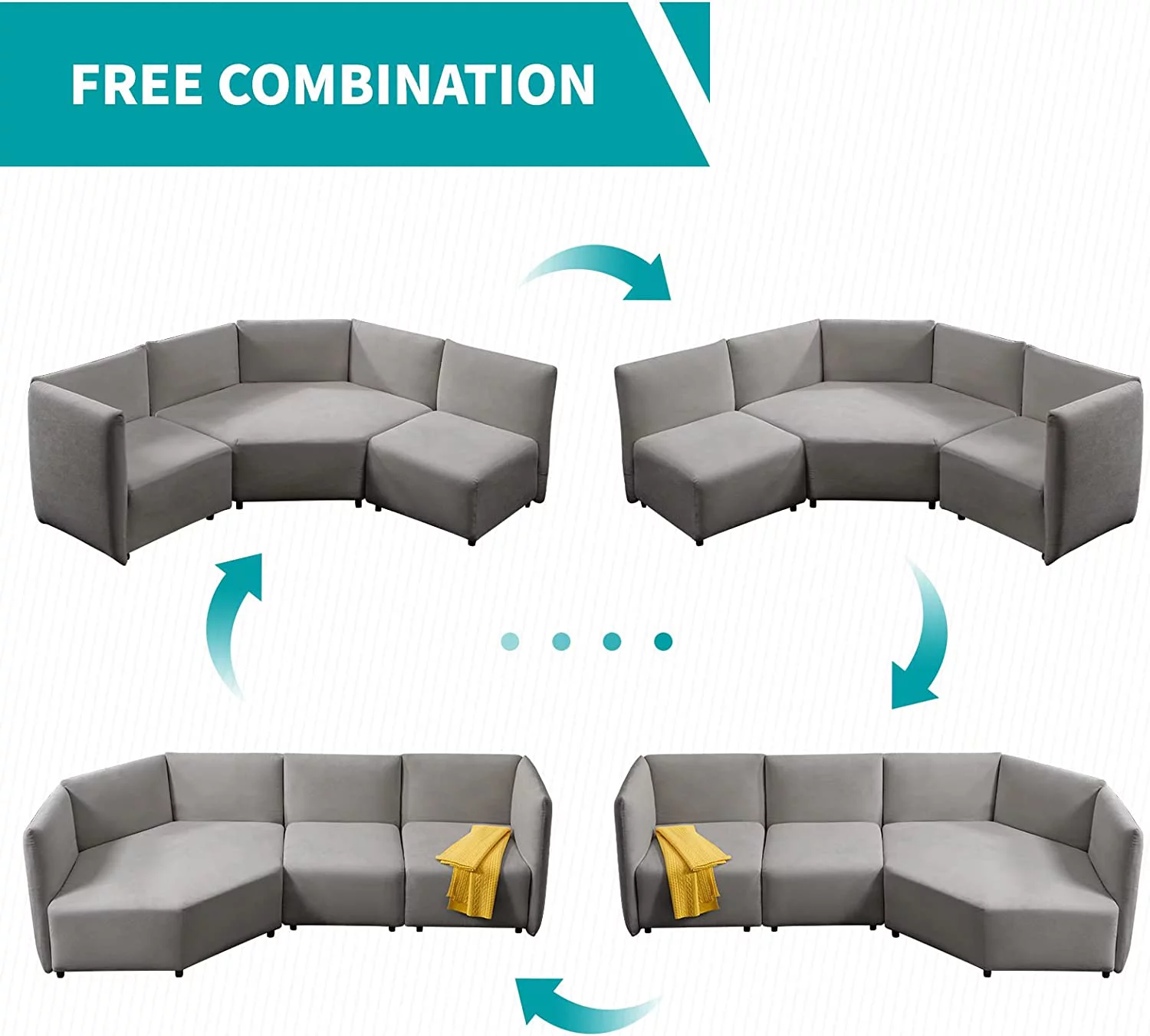 MUZZ Curved Sectional Sofa for Living Room,128'' Free Combination Modular Sofa with Adjustable Armrest and Backrest, Upholstered Cloud Couch