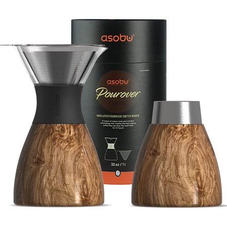 Asobu Insulated Pour Over Coffee Maker (32 oz.) Double-Wall Vacuum, Stainless-Steel Filter and Take on The Go Carafe (Wood)