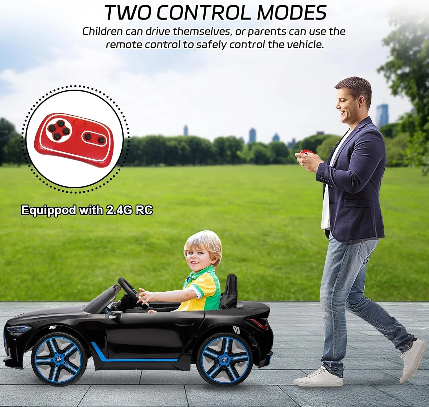BMW i4 12V Kids Electric Ride-On Car with 2.4G Remote Control, Battery Powered Electric Vehicle Toys Car for 3-8 Years Old, Safety Belt, LED Lights