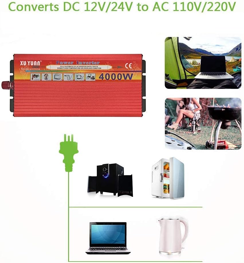 Power Inverter, 4000W Pure Sine Wave Inverter, DC 12V/24V to AC 110V/220V Inverter with 2 AC Sockets and 1 USB Port, 2 Cooling Fans,12vto220v