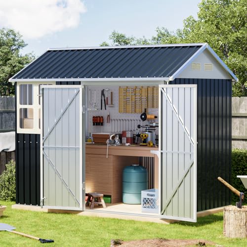 6x4FT Outdoor Steel Storage Shed with Clear Window, Lockable Doors, Weather-Resistant Metal Tool Shed for Garden, Backyard, Patio, and Utility Storage