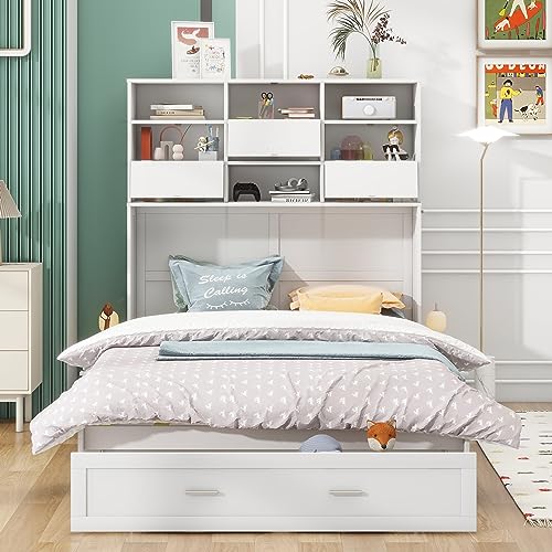 Murphy Bed Queen Size Cabinet BedFrame with Bookcase, Bedside Shelves and a Big Drawer for Bedroom and Guestroom,Office,White