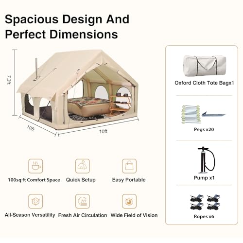 2025 Upgraded Waterproof Inflatable Camping Tent, Large Blow-Up Air Tent, No Assembly Needed Luxury Glamping House, Oxford Fabric