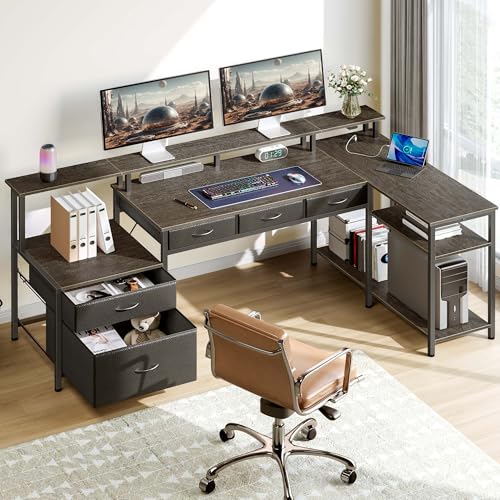 Seventable L Shaped Desk with File Drawers, 64" Home Office Desk with Power Outlet & LED Lights, Reversible Gaming Desk with Printer Storage Shelves