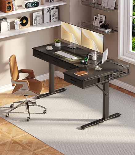 OffiGo 63 Inch L Shaped Electric Standing Desk with Drawers, Height Adjustable Large Desk with Power Outlets, Sit Stand Table
