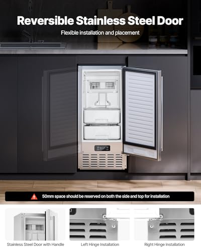 VEVOR Under Counter Ice Maker Machine, Crescent Ice, 25 Lbs/Day Stainless Steel Built in Ice Maker with Reversible Door