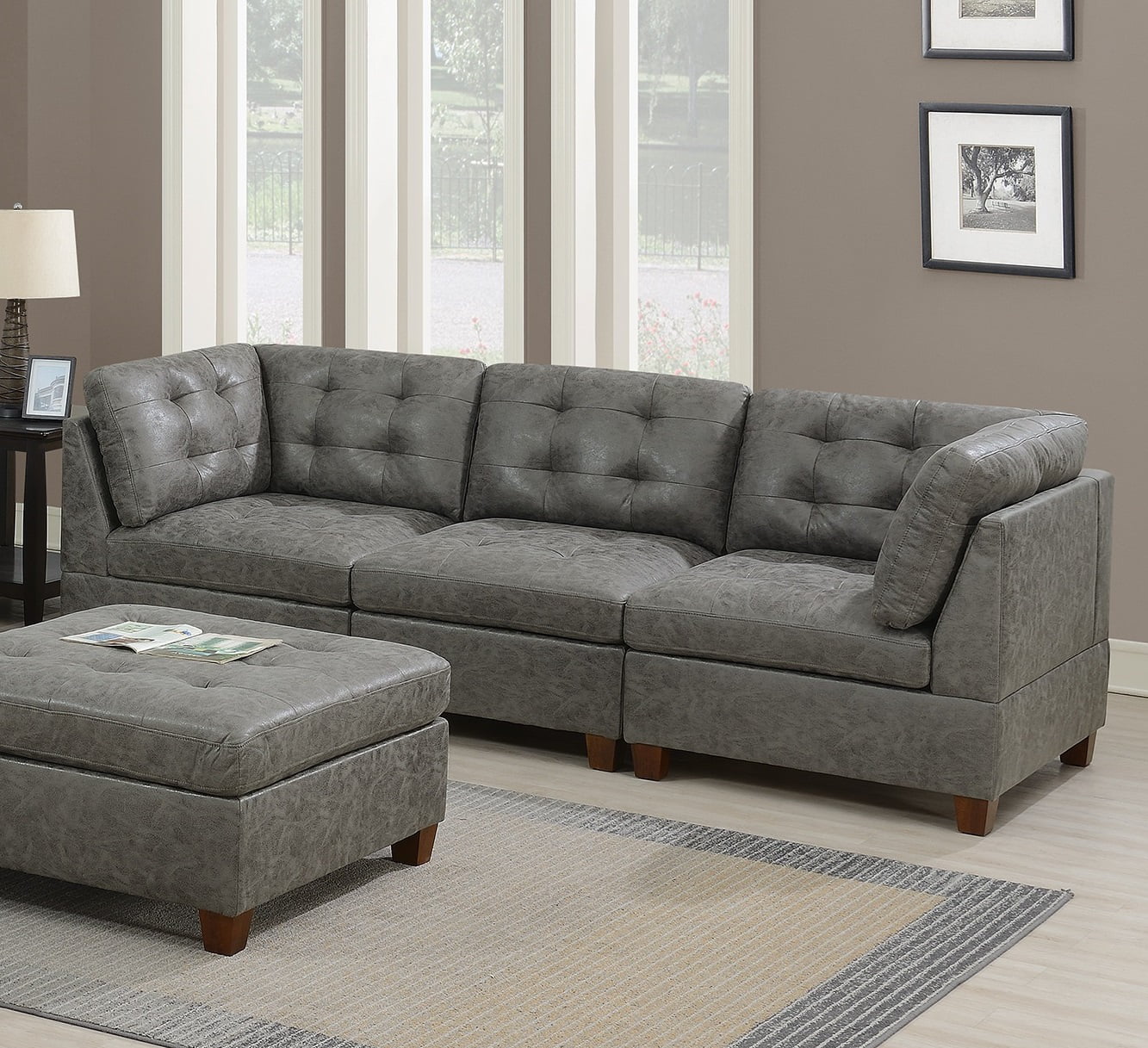 CoSoTower Living Room Furniture Antique Grey Modular Sofa Set 6Pc Set Breathable Leatherette Tufted Couch 4X Corner Wedge 1X Armless Chair and 1X