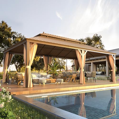 EROMMY 14'x20' Hardtop Gazebo Double Roof Galvanized Steel Canopy Outdoor Aluminum Frame Permanent Metal Pavilion with Netting and Curtains for Patio