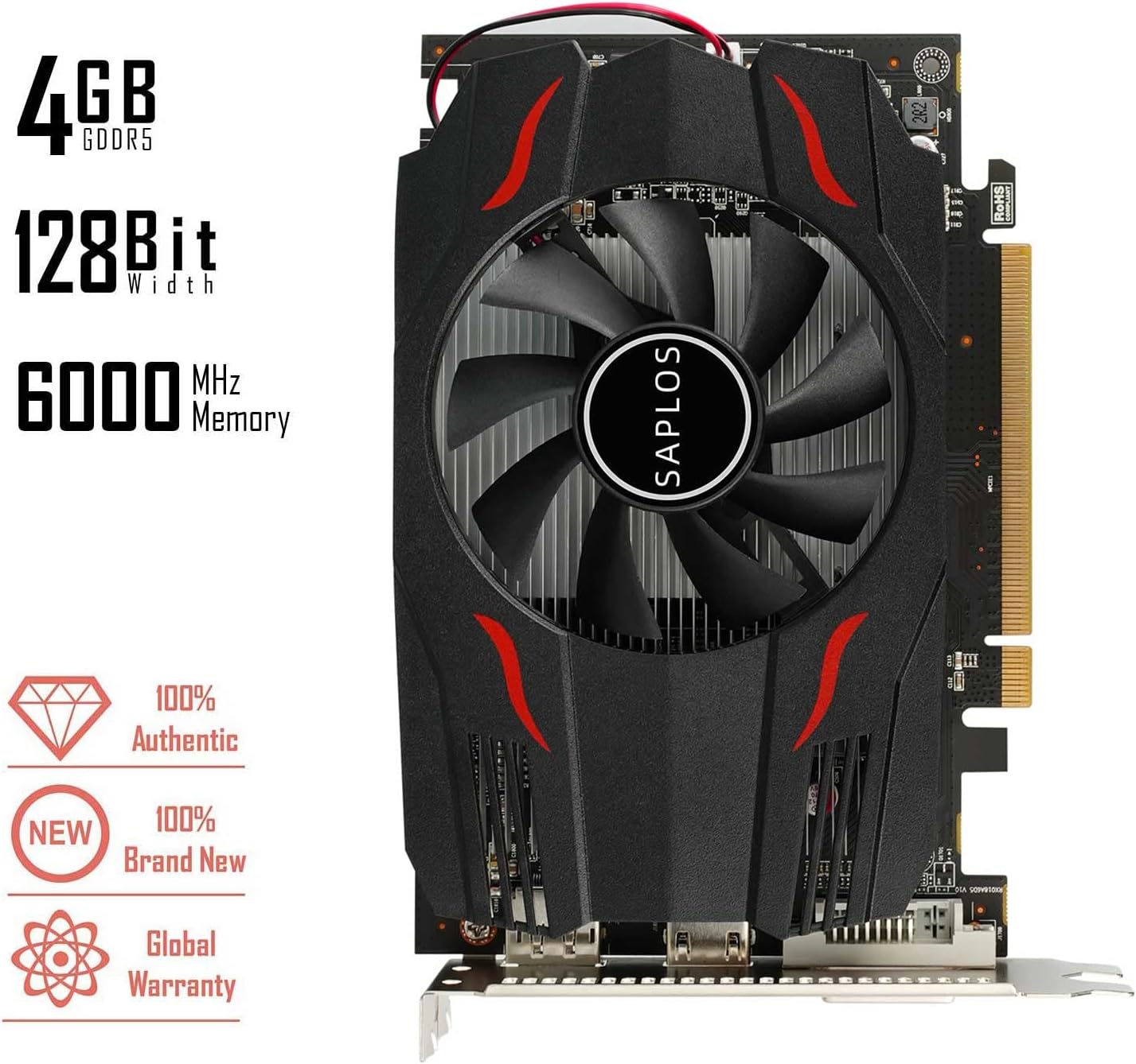SAPLOS Radeon RX 550 Low Profile Graphics Card, 4GB, GDDR5, 128-bit, VGA/DVI-D/HDMI, Video Card for PC Gaming, 4k@60Hz Output, Computer GPU
