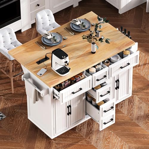 Kitchen Island with Drop Leaf & Power Outlet, Rolling Kitchen Islands Cart with 5 Open Storage Shelves & Towel Rack