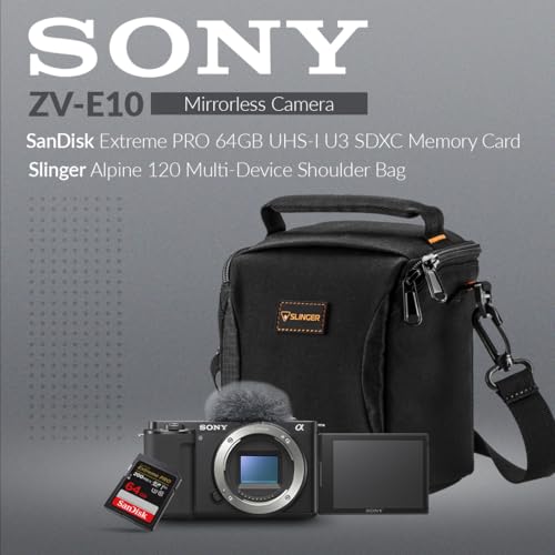 Sony ZV-E10 Mirrorless Camera, Black Bundle with SanDisk 64GB Memory, Slinger Multi-Device Shoulder Bag
