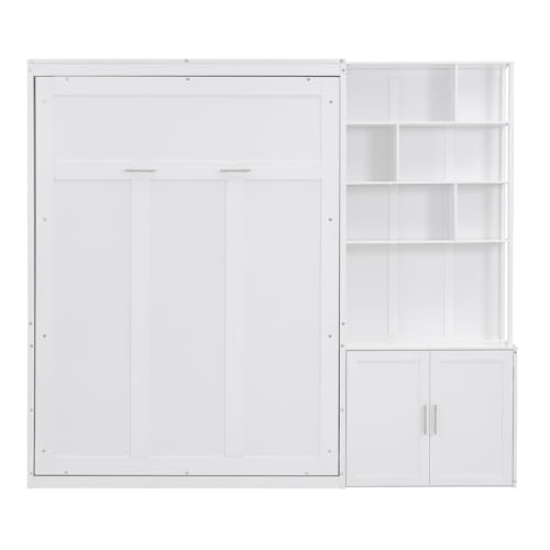 Merax Full Size Murphy Bed, White Wood Wall Bed Cabinet with Multiple Storage Shelves and a Cabinet