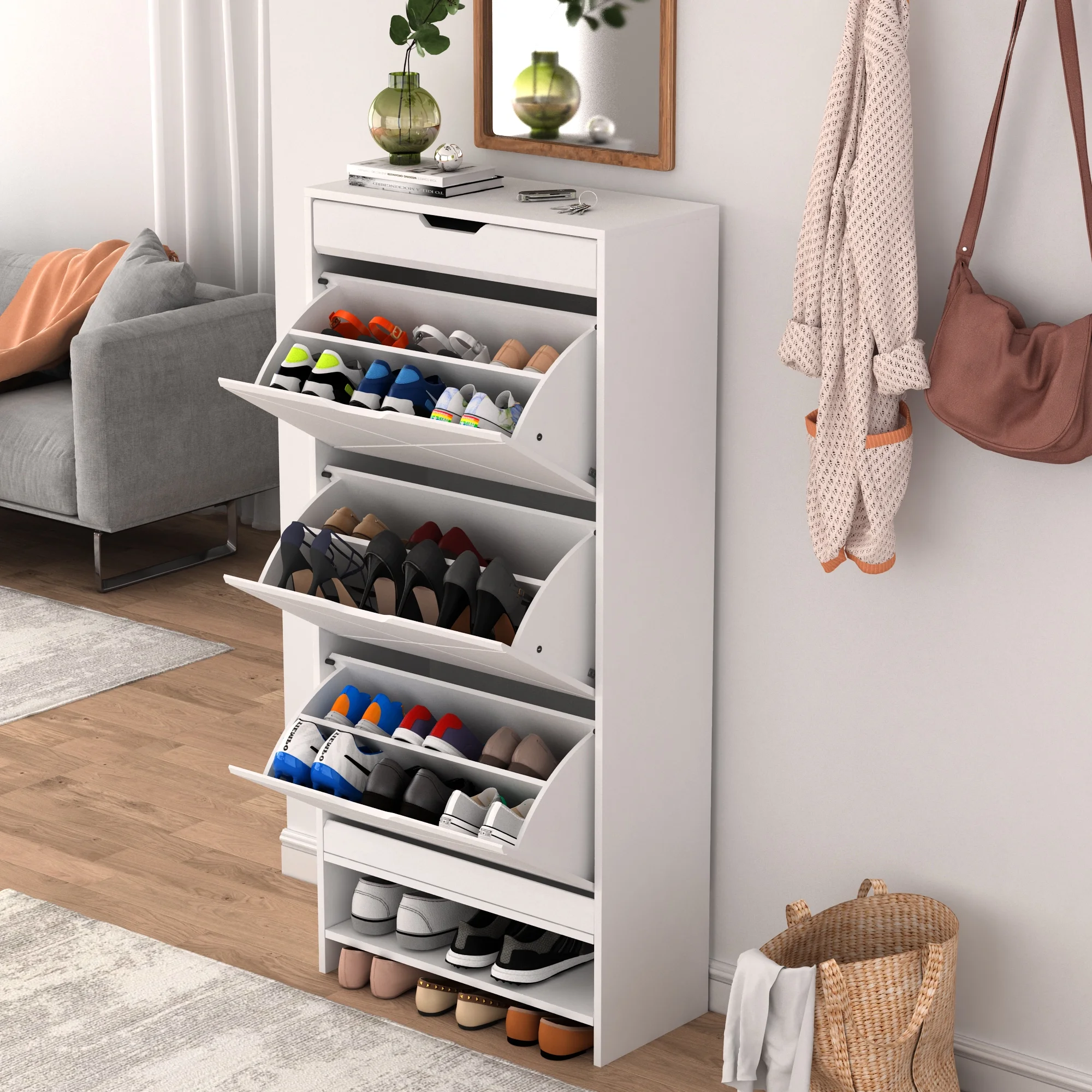 Facilehome Entryway Shoe Cabinet 3 Flip Drawer,Modern Tipping Shoe Rack Organizer for Hallway Bedroom,Indoor White