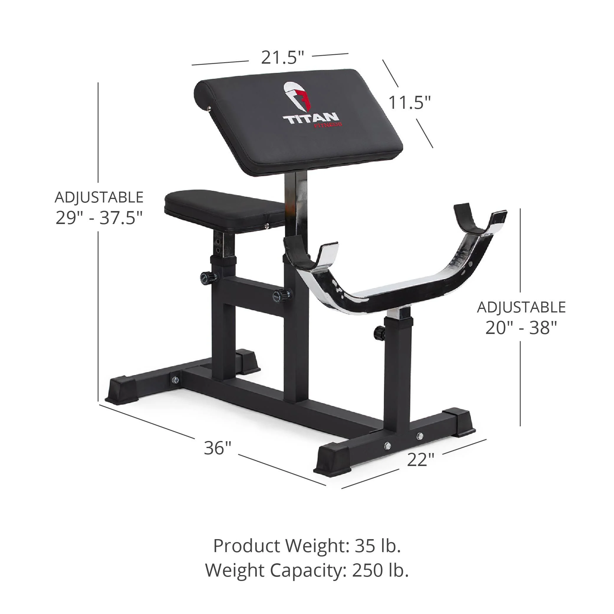Titan Fitness Adjustable Arm Preacher Curl Weight Station, Seated Strength Training Fitness Bench, Rated 250 LB