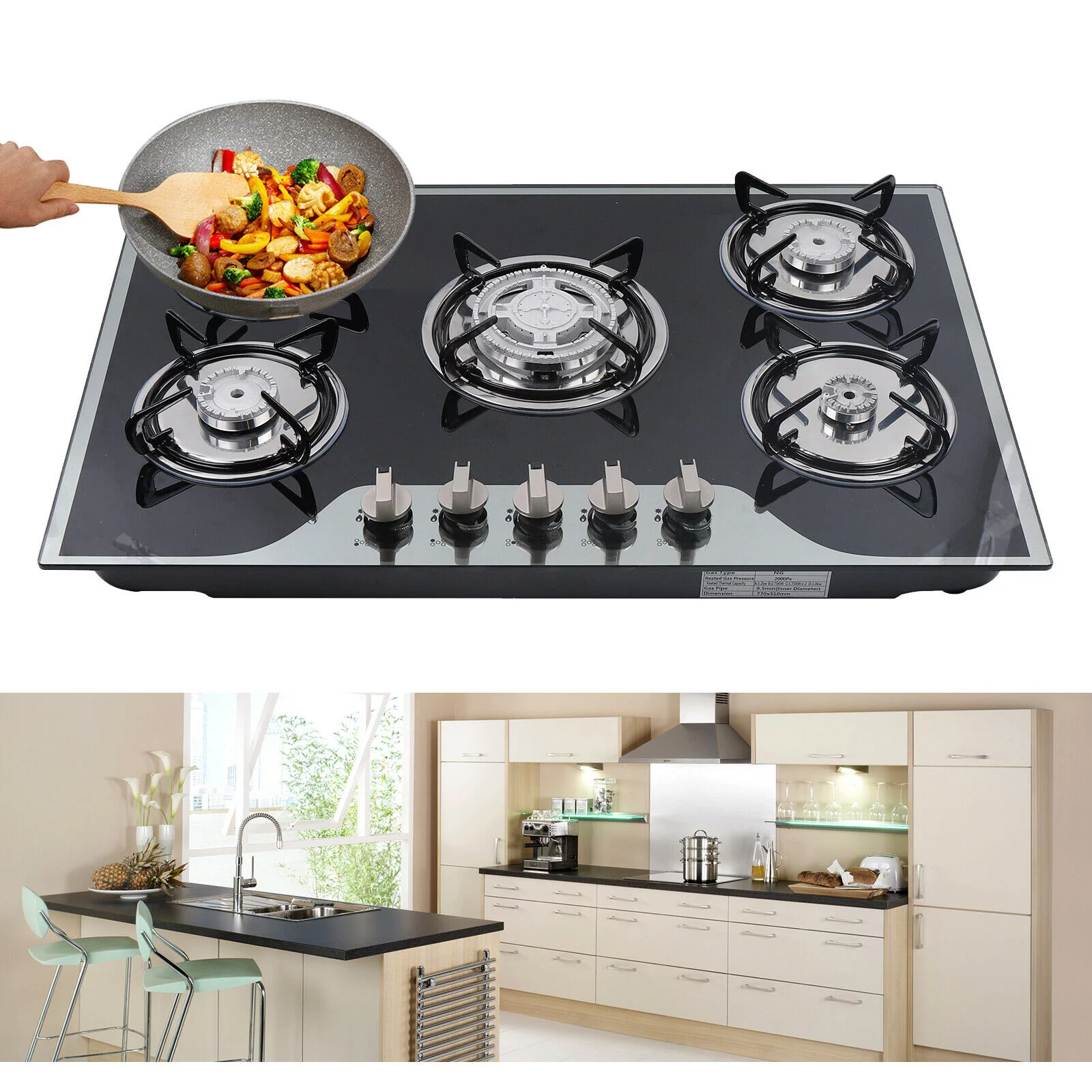 5 Burners Built-in Gas Stove LPG / NG Countertop Gas Stove Gas Cooktop 30"x20"