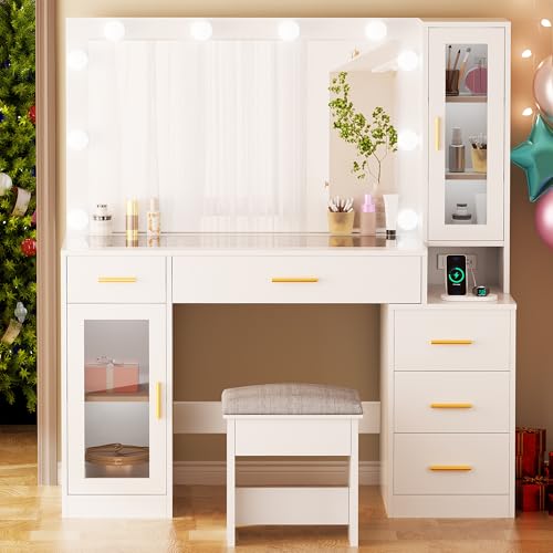 BEWISHOME 49.2" Large Vanity Desk with Mirror and Lights,White Makeup Vanity Table with Glass Top,Stool,Makeup Desk with Power Outlet,Drawers,Cabinet