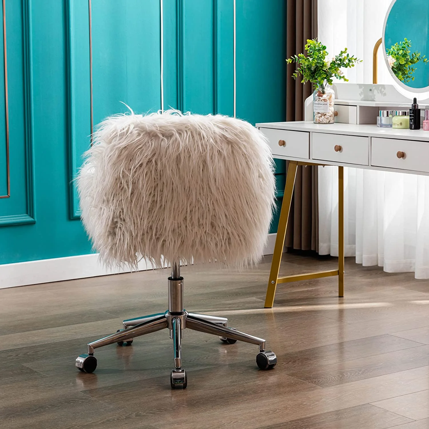 White Vanity Chair Faux Fur Swivel Home Office Desk Chair, Soft Fluffy Chair For Bedroom For Girls, Makeup Vanity Chair With Back