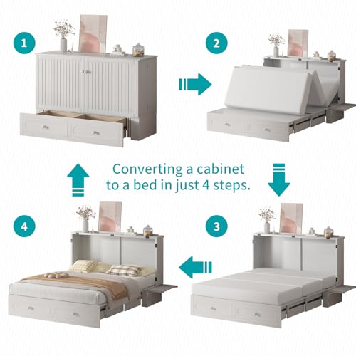 BALUS Murphy Cabinet Bed, Queen Cabinet Chest Bed with USB Charging Station, Tri-Fold Mattress