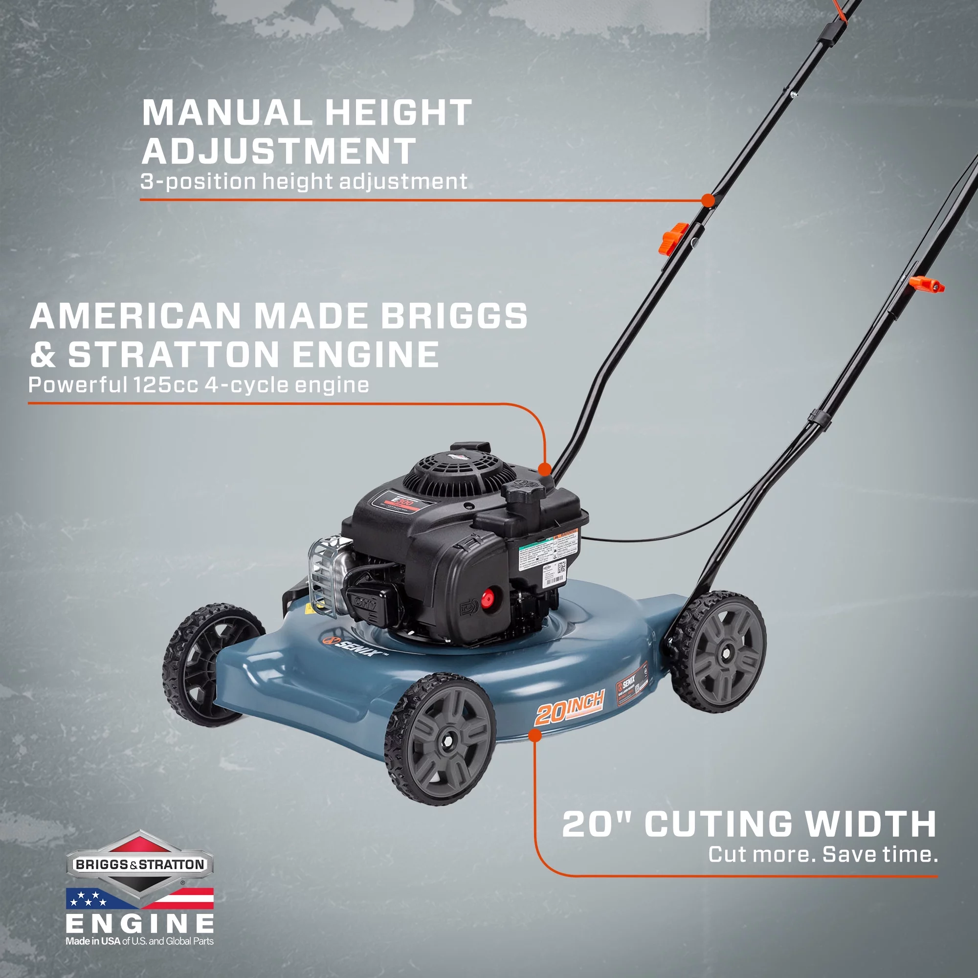 SENIX 20-Inch Gas Lawn Mower, 125 cc 4-Cycle Briggs & Stratton Engine, Push Lawnmower with Side Discharge, 5-Position Height Adjustment, LSPG-L3
