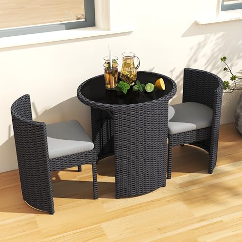 TWT 3 Pieces Fully Assembled Aluminum Outdoor Patio Bistro Set All-Weather Wicker Patio Furniture with Tempered Glass Table & Patio Chairs for