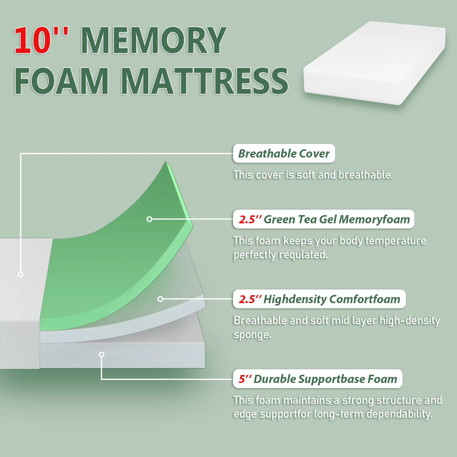 10 Inch Mattress Green Tea Memory Foam Mattress CertiPUR-US Certified,Removable Soft Cover,Twin mattresses for Bed Frame, Bunk Bed, Trundle, Daybed
