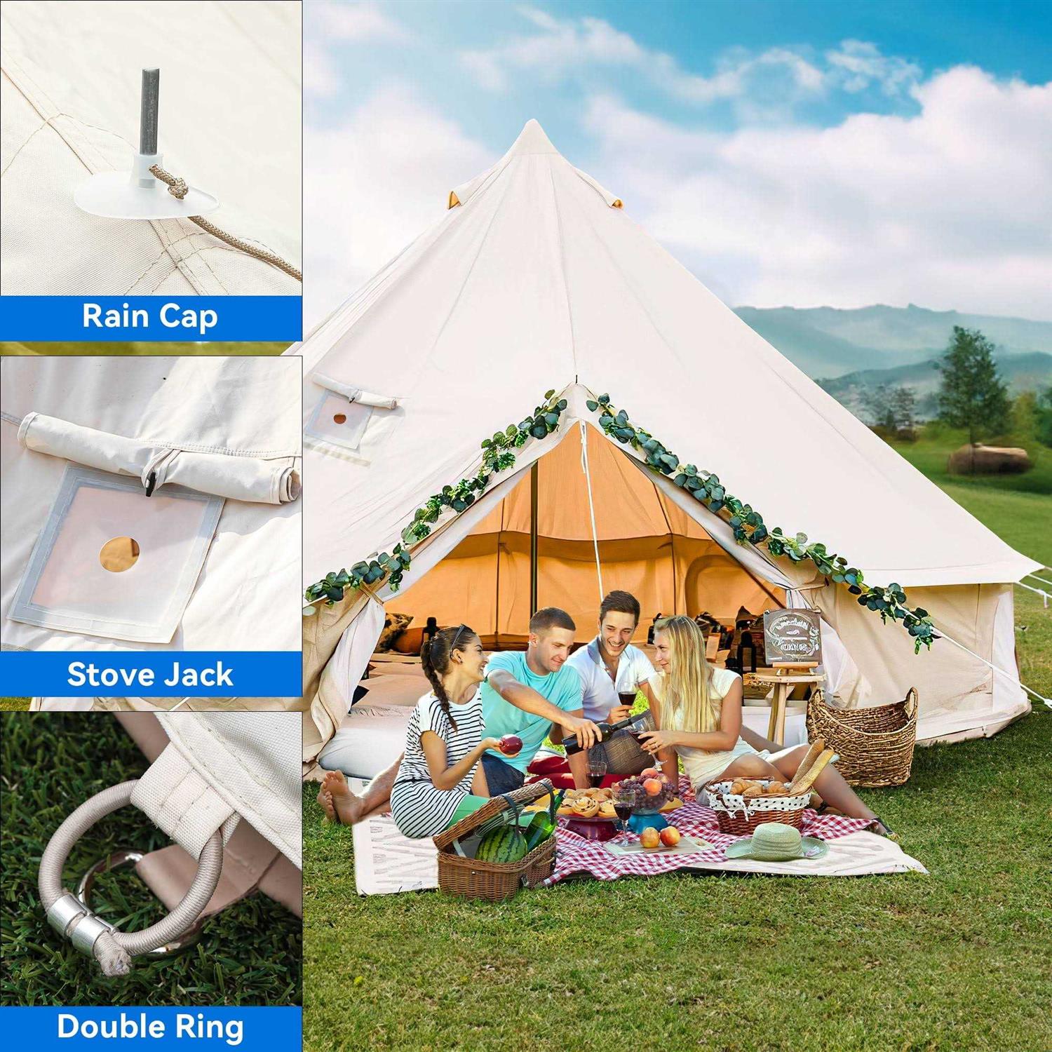 Dextrus Camping Tent 4 Seasons Glamping Bell Tent Waterproof with Stove Jacks &amp; 4 Breathable Windows Cotton for Outdoor Family Party