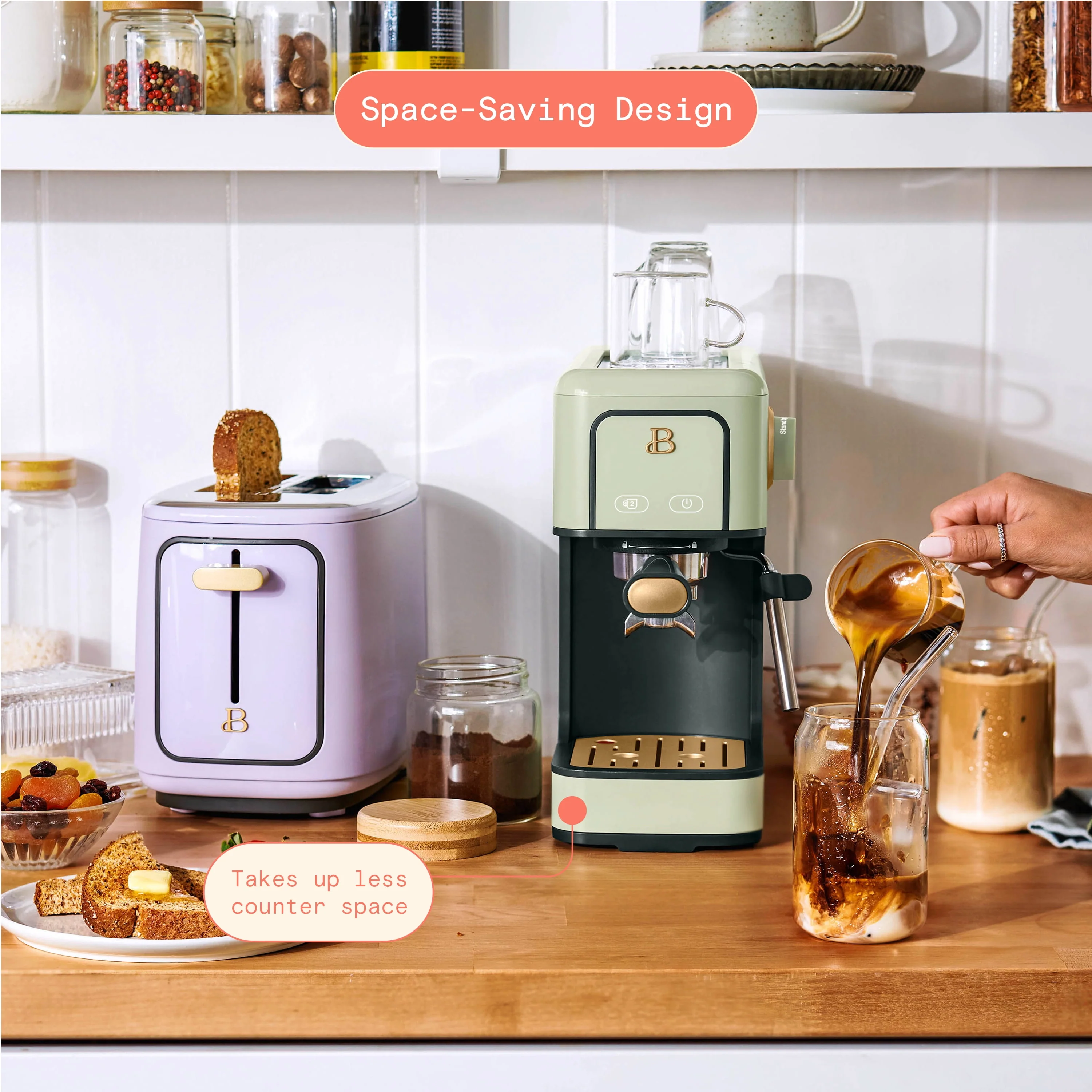 Beautiful Slim Espresso Maker with 20-Bar Pressure, White Icing by Drew Barrymore