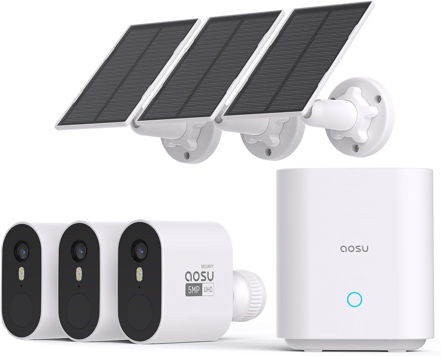 AOSU 5MP Solar Security Cameras Wireless Outdoor, 166° Ultra-Wide-Angle, Home Security Camera System 3-Cam Kit with Color Night Vision, Spotlight