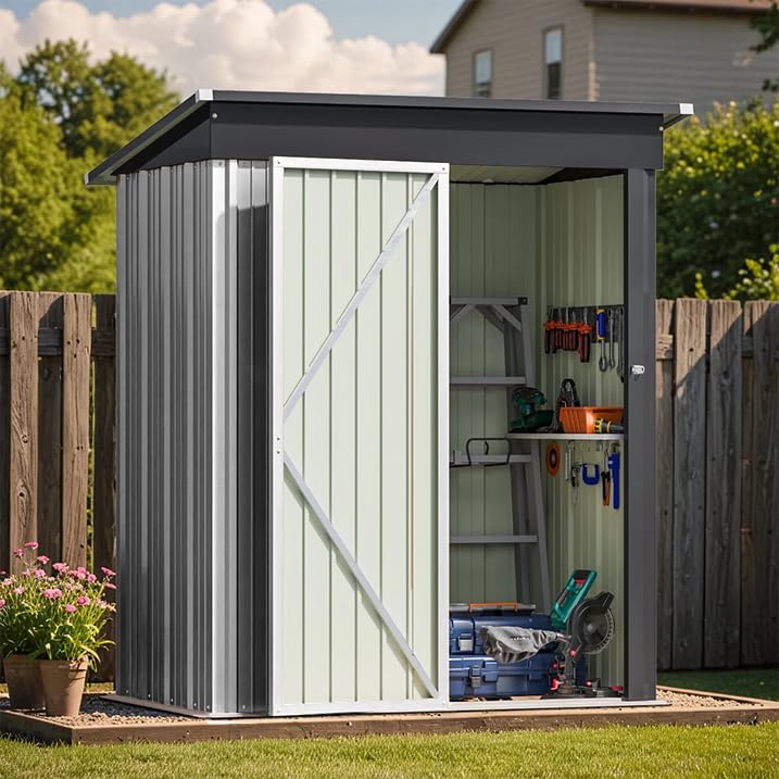 Greesum 5×3 FT Outdoor Storage Shed, Metal Storaged Sheds Without Floor, Tool Sheds with Lockable Doors and Sloping Roof for Garden, Patio, Backyard