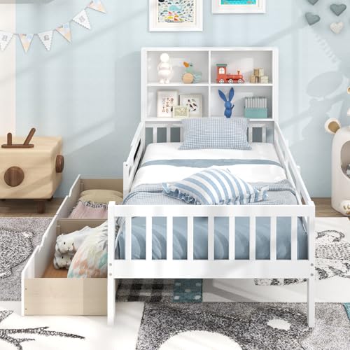 Giantex Full Bed with 2 Storage Drawers, Solid Wood Kids Bed Frame w/Bookcase Headboard & Blackboard, Full-Length Guardrails & Wooden Slats Support