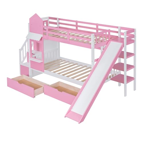 SOFTSEA Twin Over Twin Bunk Bed with Slide and Storage Solid Wood Bunk Bed Frame with Staircase and Drawers, Pink
