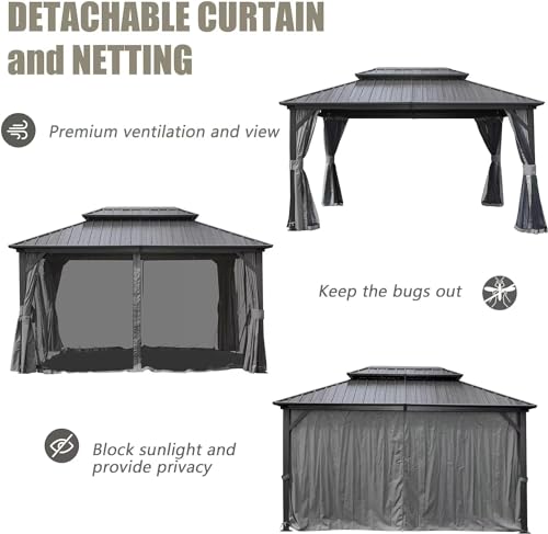 Domi 10’ x 10’ Hardtop Gazebo Metal Frame Canopy with Netting & Curtains